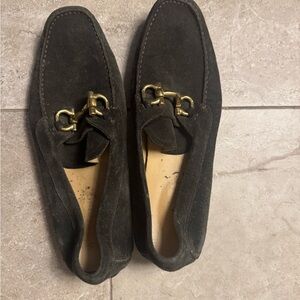 Salvatore Ferragamo Black Suede Loafers with Gold Accent